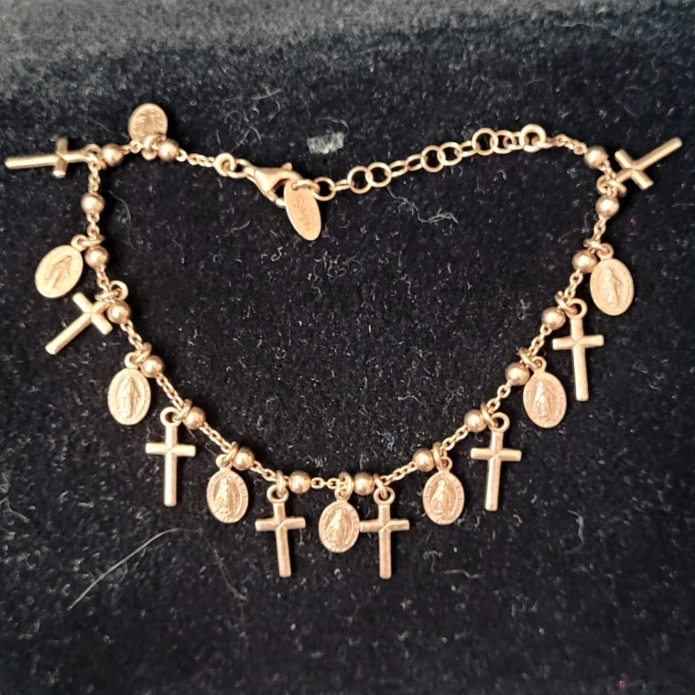 Rose Gold Plate Over 925 Cross And Mother Mary Charm Bracelet 7.5 "